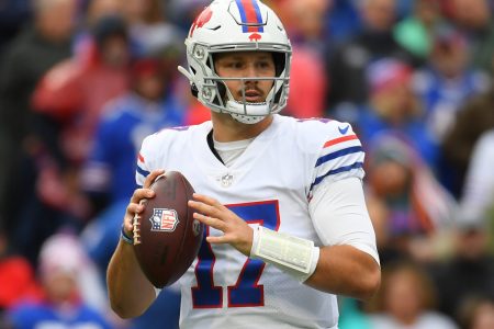 Buffalo Bills QB Josh Allen looks downfield in a 2021 road game.