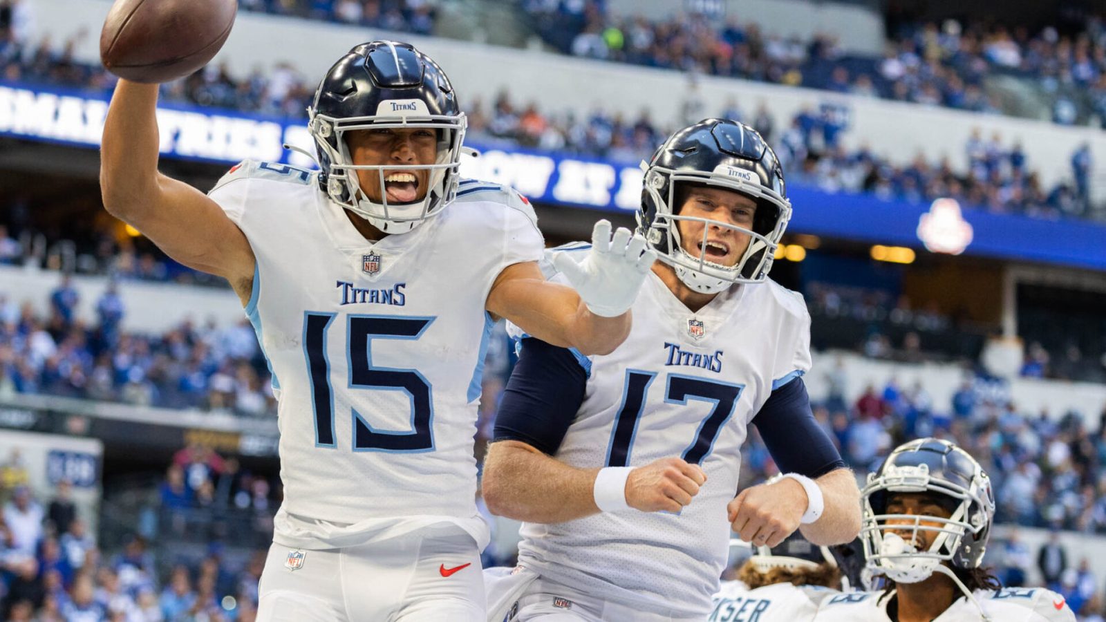 Tennessee Titans wide receiver Nick Westbrook-Ikhine on the left celebrates his touchdown with quarterback Ryan Tannehill on the right in the second half against the Indianapolis Colts
