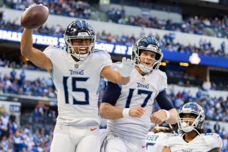 Tennessee Titans wide receiver Nick Westbrook-Ikhine on the left celebrates his touchdown with quarterback Ryan Tannehill on the right in the second half against the Indianapolis Colts