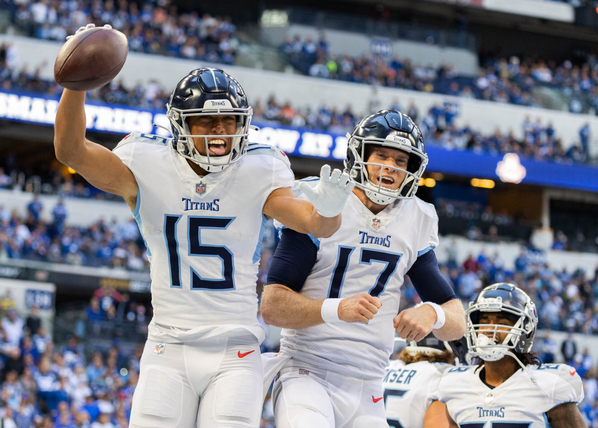 Tennessee Titans wide receiver Nick Westbrook-Ikhine on the left celebrates his touchdown with quarterback Ryan Tannehill on the right in the second half against the Indianapolis Colts