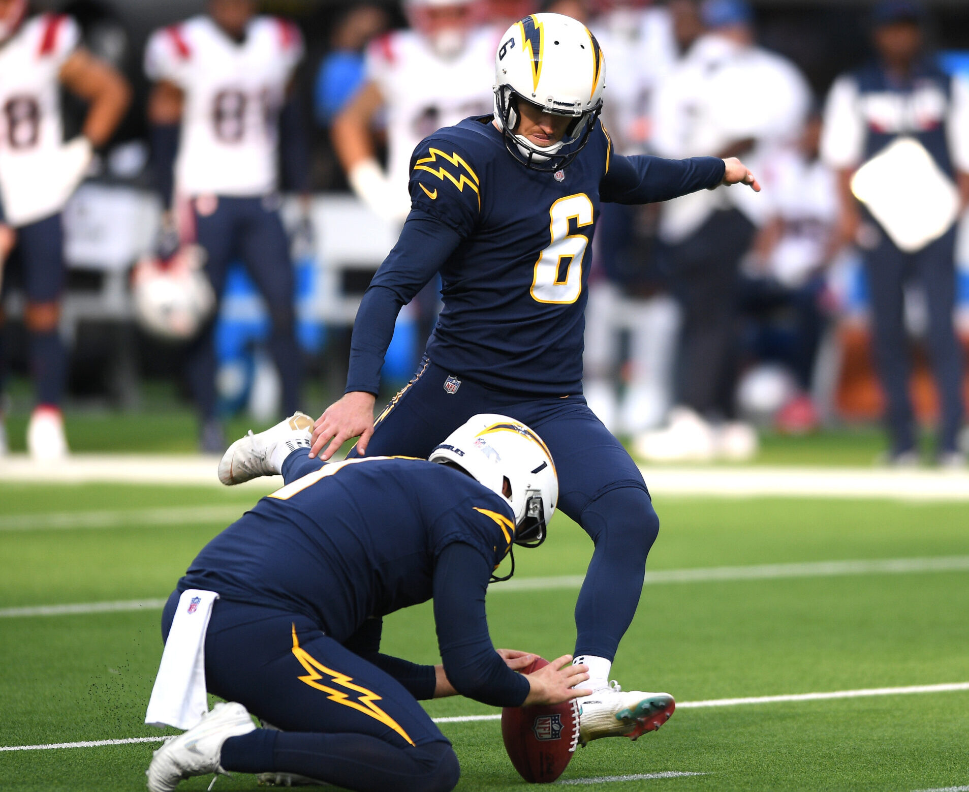 Los Angeles Chargers kicker Dustin Hopkins kicks a field goal during the second half against the New England Patriots