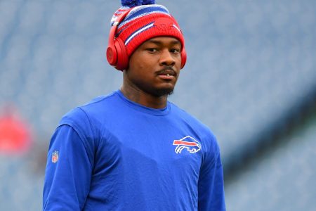 Buffalo Bills wide receiver Stefon Diggs goes through his pregame routine prior to the game against the Miami Dolphins at Highmark Stadium.
