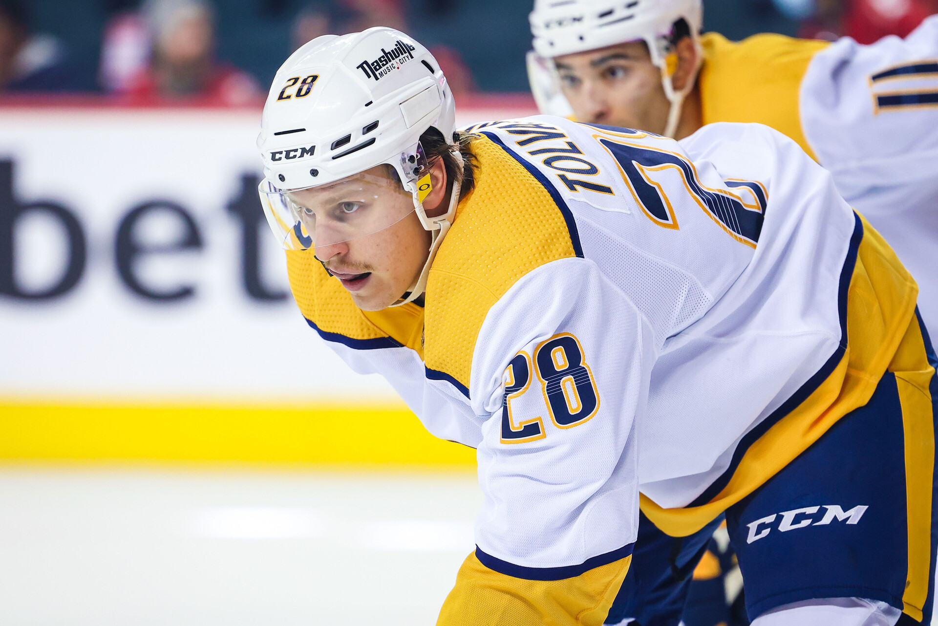 Nashville Predators right wing Eeli Tolvanen prepares to take a face off against the Calgary Flames