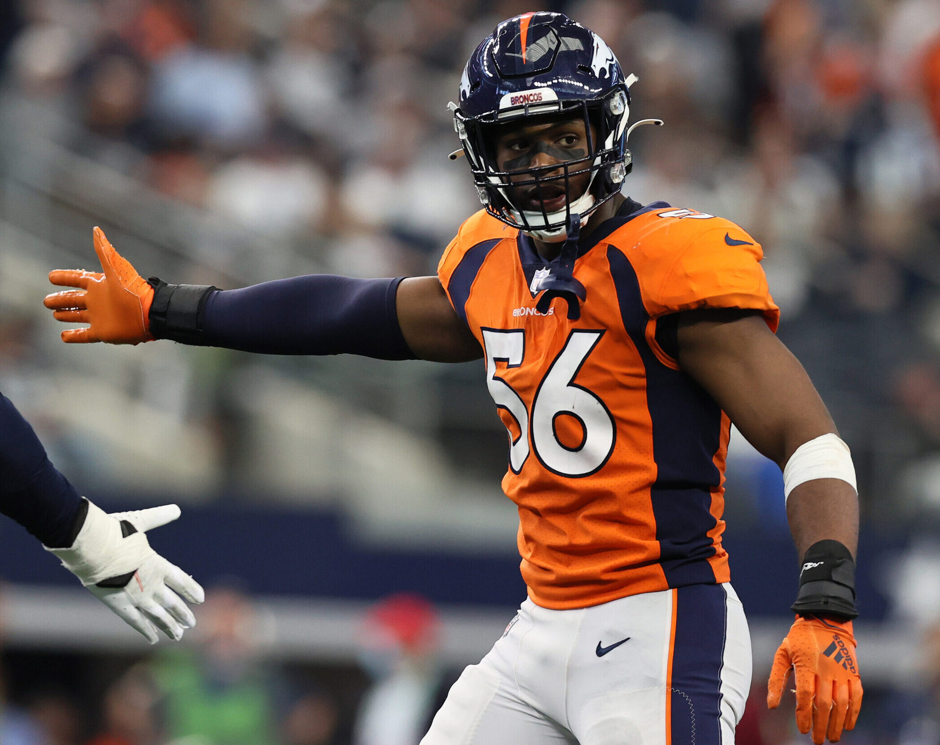 Denver Broncos linebacker Baron Browning reacts after forcing a three and out in the third quarter against the Dallas Cowboys