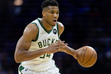 Milwaukee Bucks forward Giannis Antetokounmpo dribbles the ball against the Philadelphia 76ers