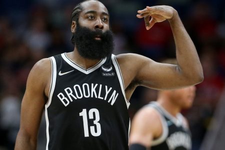 Brooklyn Nets guard James Harden gestures after making a 3-point shot during a game against the New Orleans Pelicans