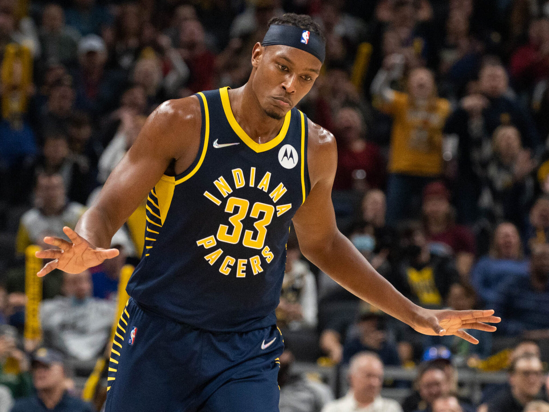Indiana Pacers center Myles Turner celebrates a made basket against the Philadelphia 76ers