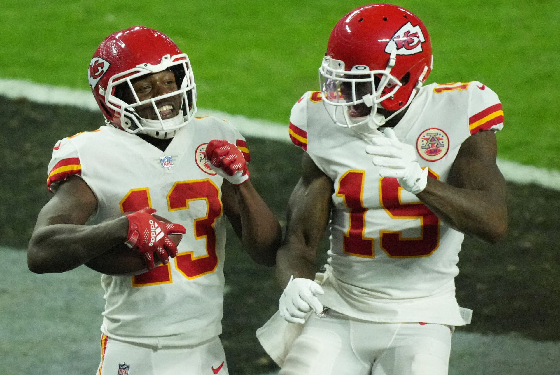 Kansas City Chiefs wide receiver Byron Pringle (left) celebrates with Kansas City Chiefs wide receiver Josh Gordon (right) after scoring a touchdown against the Las Vegas Raiders