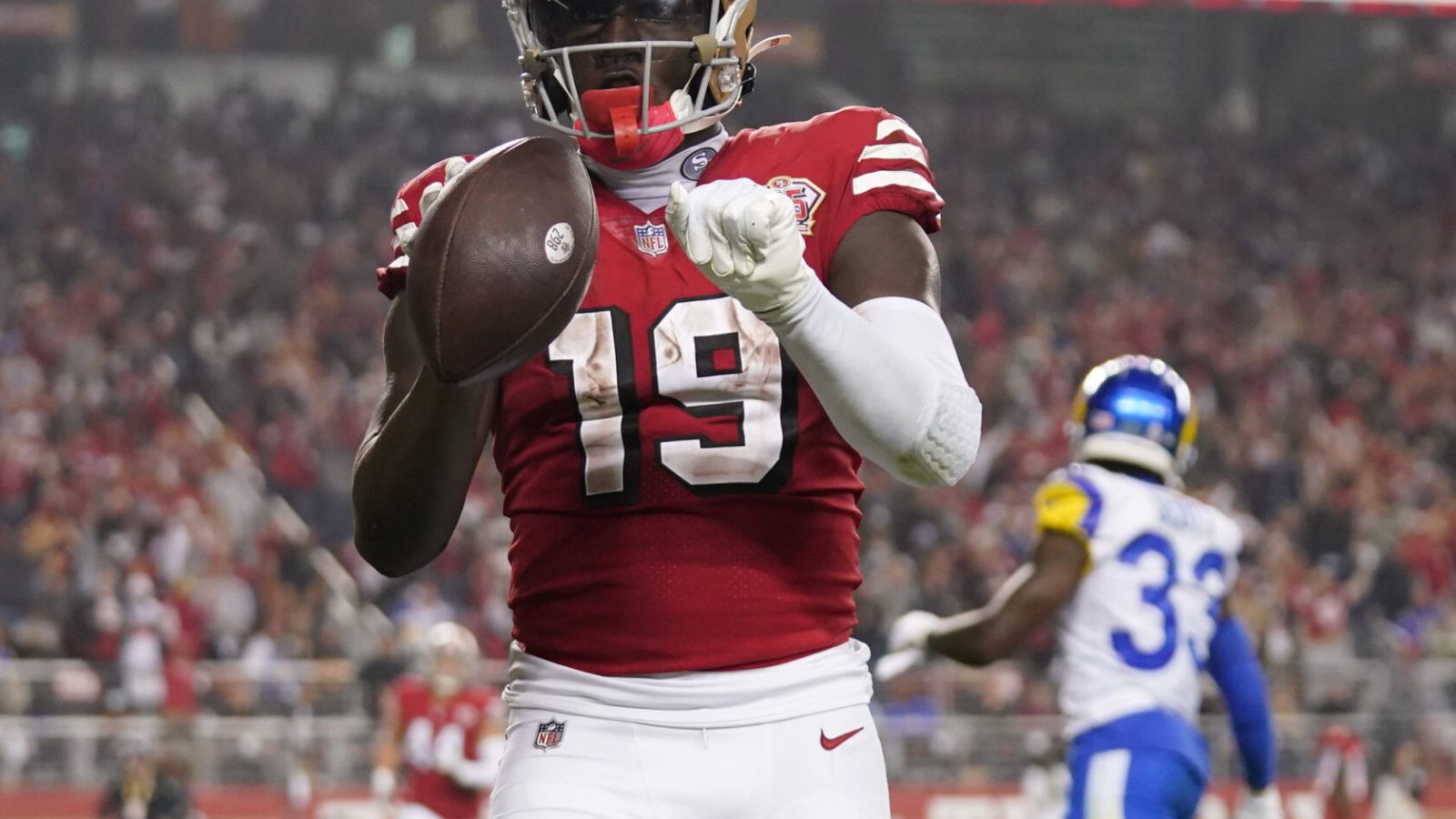 San Francisco 49ers wide receiver Deebo Samuel celebrates after scoring a touchdown against the Los Angeles Rams