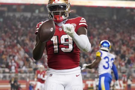 San Francisco 49ers wide receiver Deebo Samuel celebrates after scoring a touchdown against the Los Angeles Rams