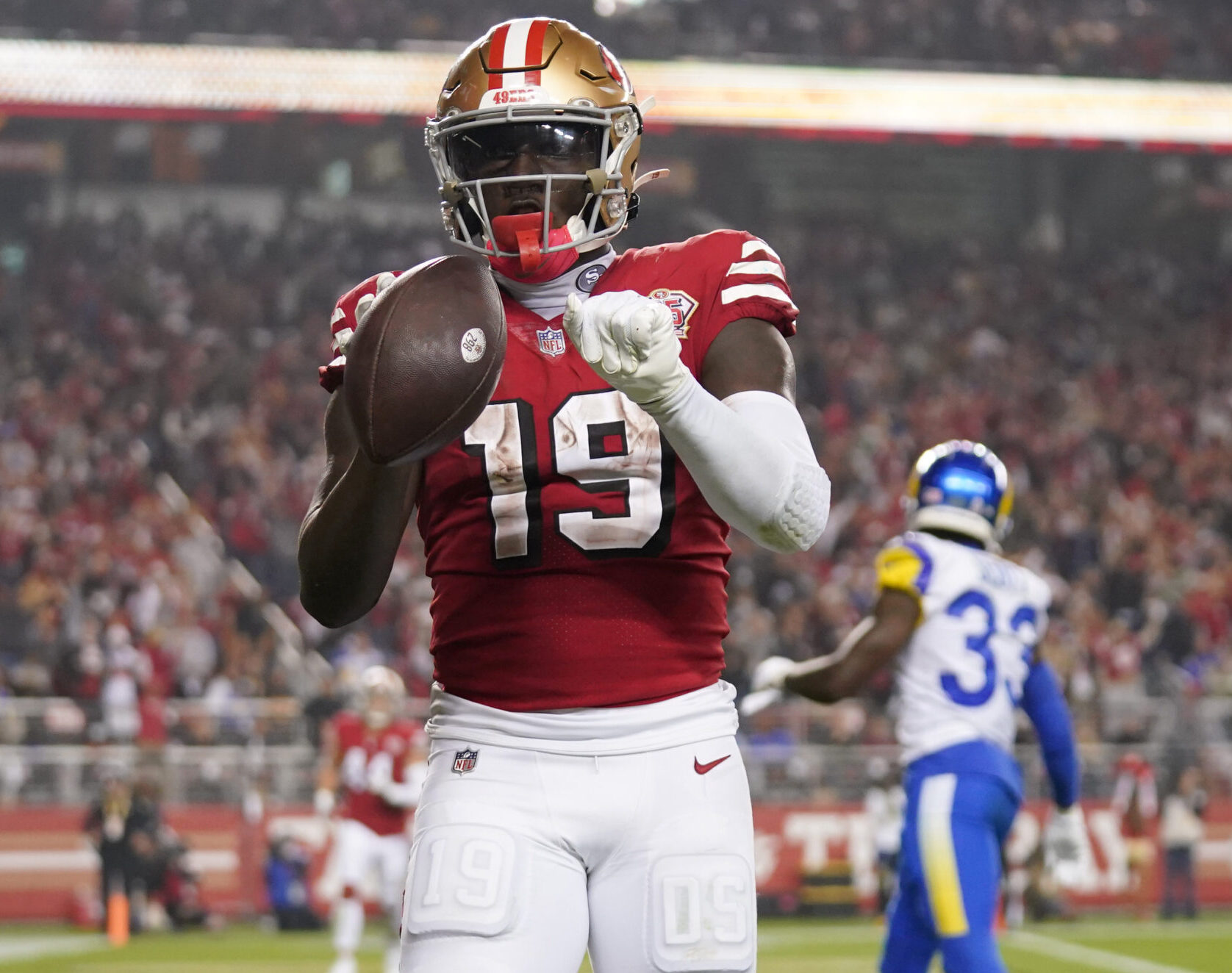 San Francisco 49ers wide receiver Deebo Samuel celebrates after scoring a touchdown against the Los Angeles Rams