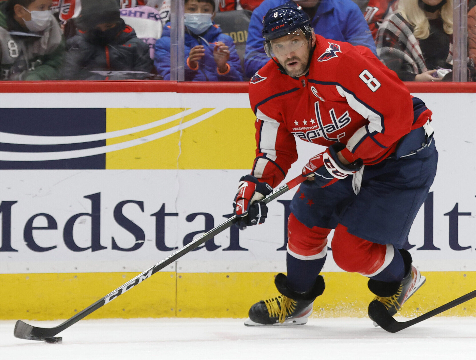 Washington Capitals left wing Alex Ovechkin skates with the puck against the Pittsburgh Penguins