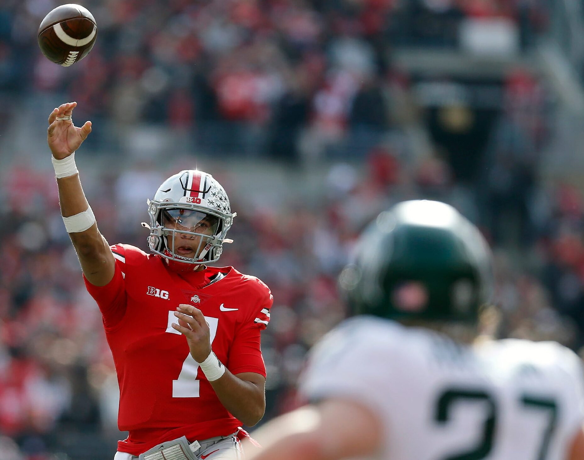 C.J. Stroud throws a touchdown pass against Michigan State Spartans