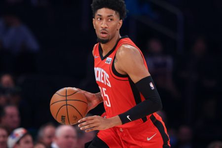 Houston Rockets center Christian Wood dribbles the basketball up court during a game against the New York Knicks