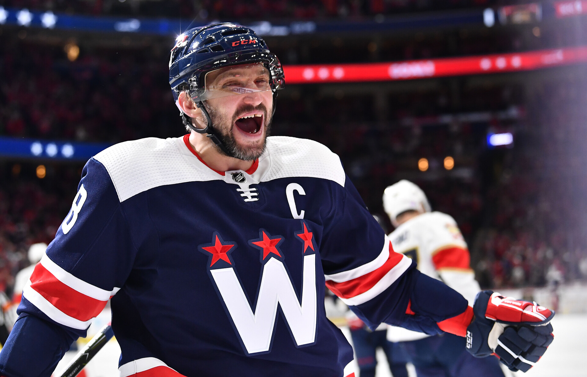 Washington Capitals left wing Alex Ovechkin reacts after scoring a goal against the Florida Panthers