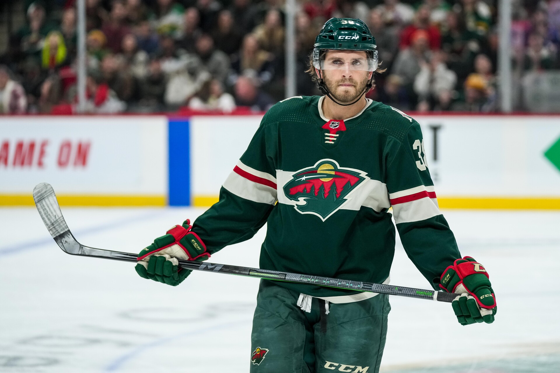 Minnesota Wild forward Ryan Hartman pauses during a game against the Winnipeg Jets