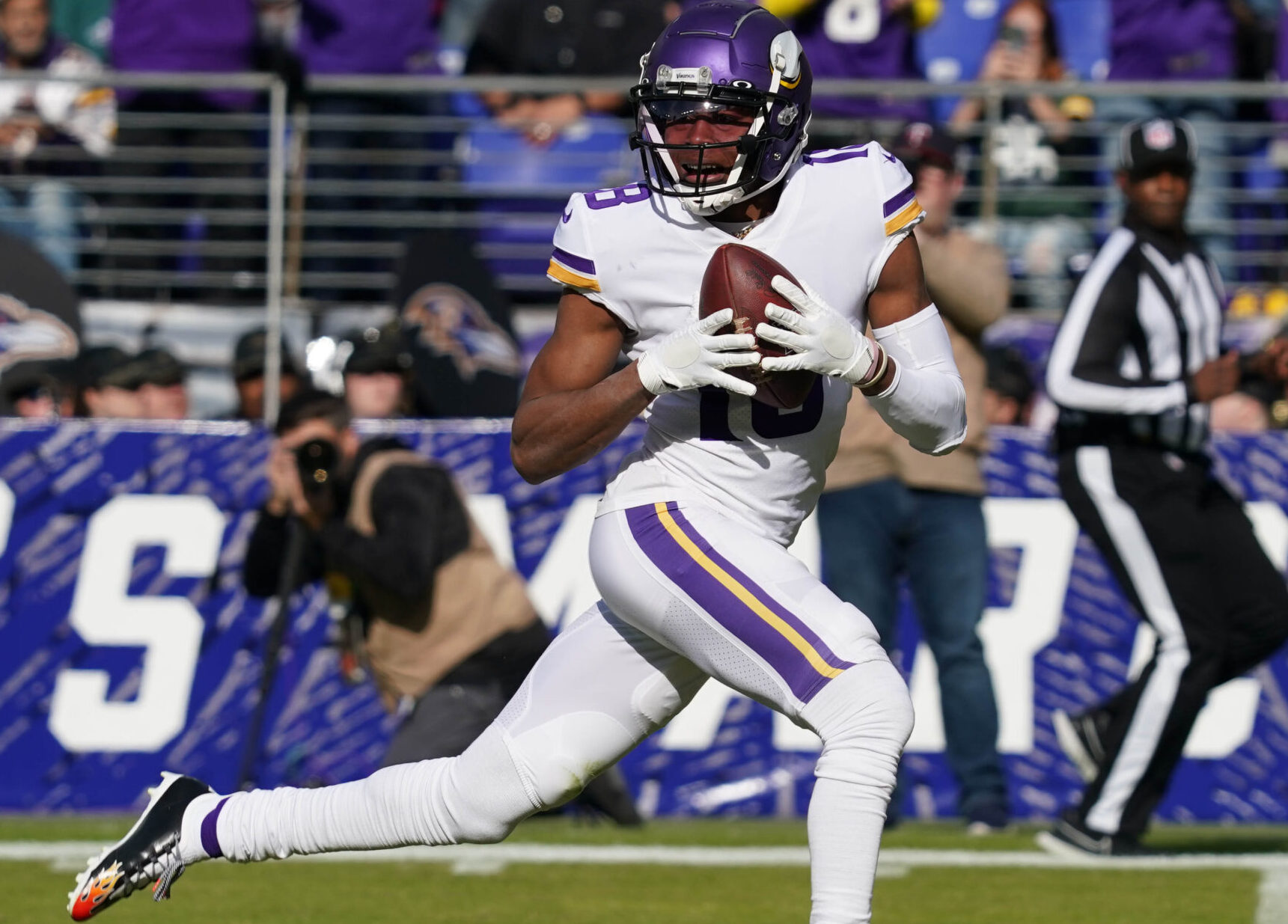 Minnesota Vikings wide receiver Justin Jefferson catches a touchdown pass against the Baltimore Ravens