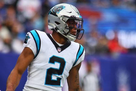 D.J. Moore #2 of the Carolina Panthers in action against the New York Giants at MetLife Stadium on October 24, 2021 in East Rutherford, New Jersey. New York Giants defeated the Carolina Panthers 25-3.