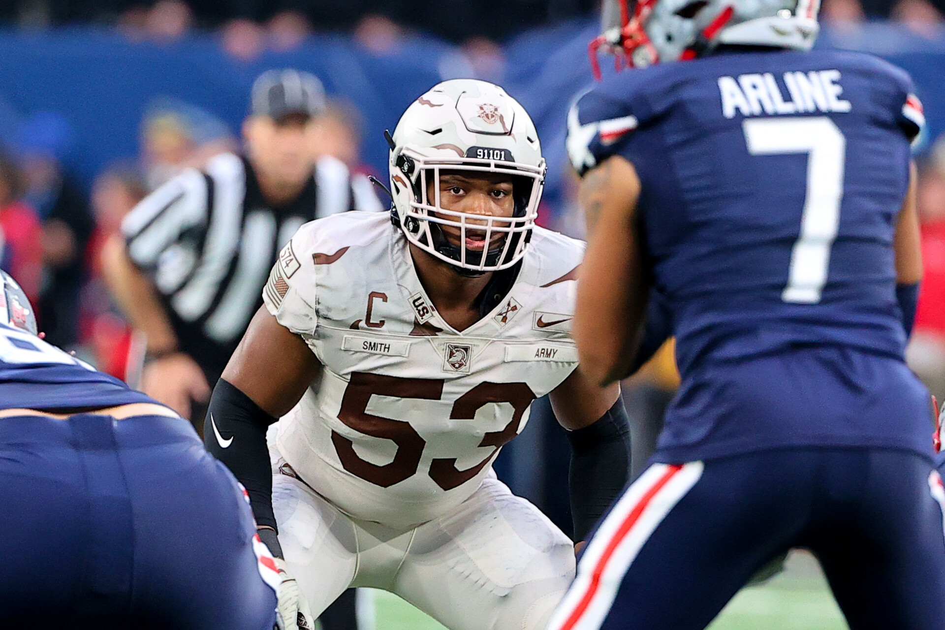 Army Black Knights linebacker Arik Smith (53) during the 122nd Army/Navy college football game between the Army Black Knights and the Navy Midshipmen on December 11, 2021 at MetLife Stadium in East Rutherford, NJ.