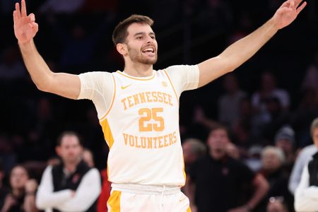 Tennessee Volunteers guard Santiago Vescovi (25) during the college basketball game between the Tennessee Volunteers and the Texas Tech Red Raiders on December 7, 2021 at Madison Square Garden in New York City,NY.
