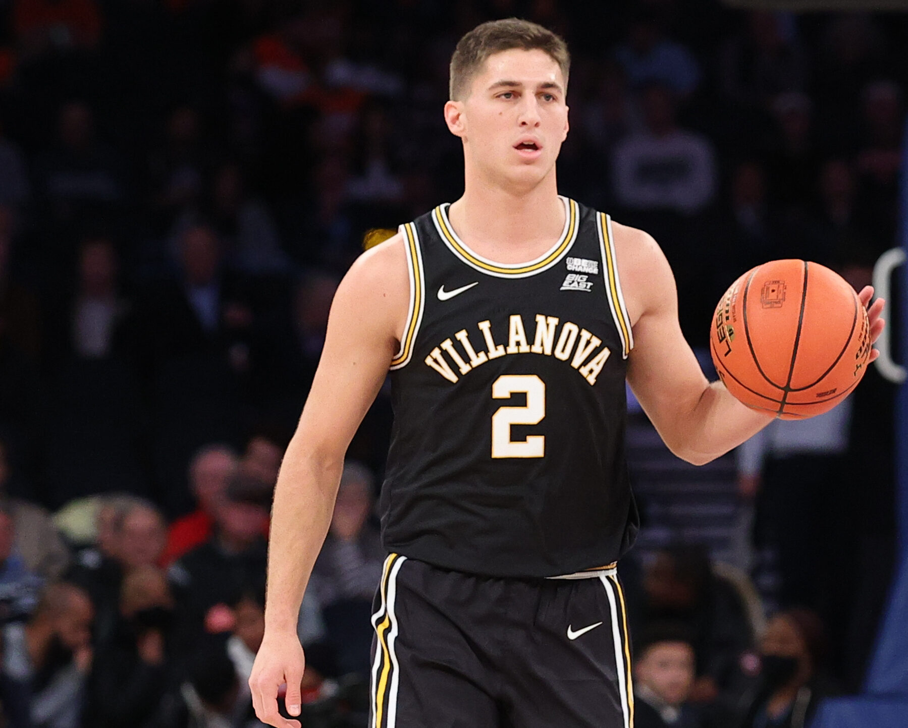Villanova Wildcats guard Collin Gillespie (2) during the college basketball game between the Syracuse Orange and the Villanova Wildcats on December 7, 2021 at Madison Square Garden in New York City, NY.