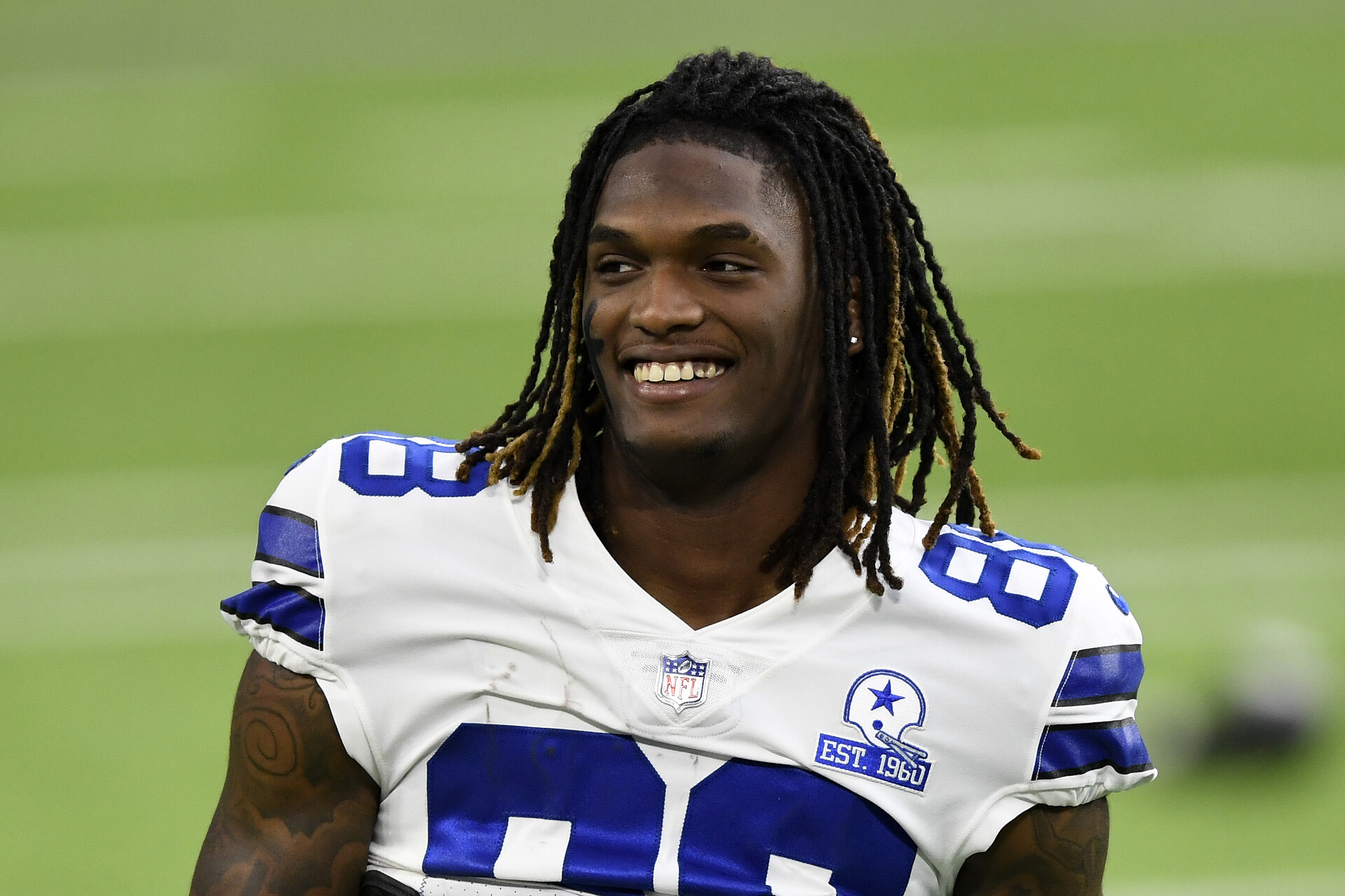 CeeDee Lamb #88 of the Dallas Cowboys looks on prior to their game against the Minnesota Vikings at U.S. Bank Stadium on November 22, 2020 in Minneapolis, Minnesota.