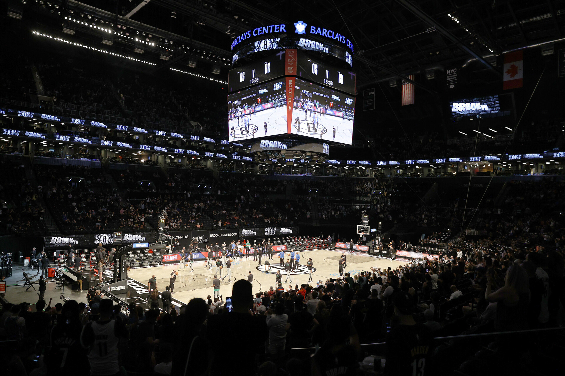 Fans cheer as the Brooklyn Nets and the Boston Celtics are on the court for pregame warm ups before Game One of their Eastern Conference first-round playoff series on May 22, 2021 at Barclays Center in the Brooklyn borough of New York City.