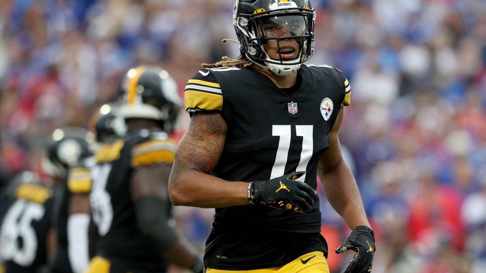 Chase Claypool #11 of the Pittsburgh Steelers lines up during the second quarter against the Buffalo Bills at Highmark Stadium on September 12, 2021 in Orchard Park, New York.