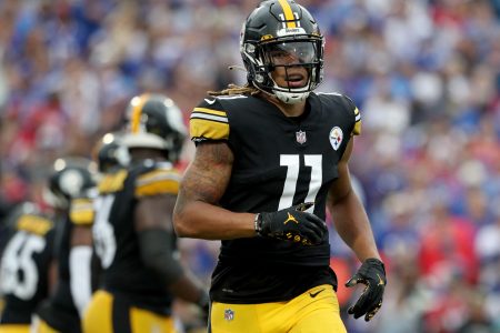 Chase Claypool #11 of the Pittsburgh Steelers lines up during the second quarter against the Buffalo Bills at Highmark Stadium on September 12, 2021 in Orchard Park, New York.