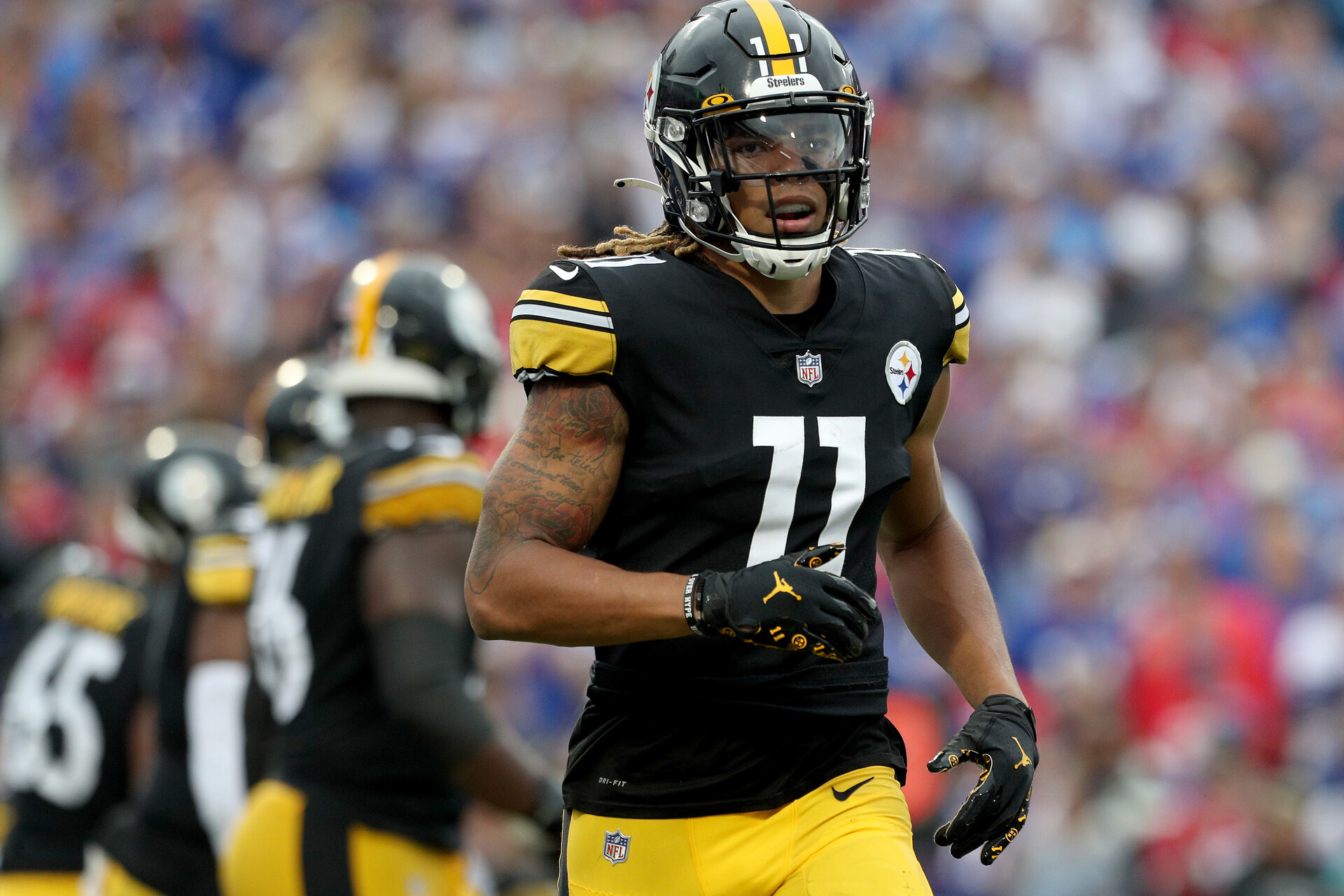 Chase Claypool #11 of the Pittsburgh Steelers lines up during the second quarter against the Buffalo Bills at Highmark Stadium on September 12, 2021 in Orchard Park, New York.