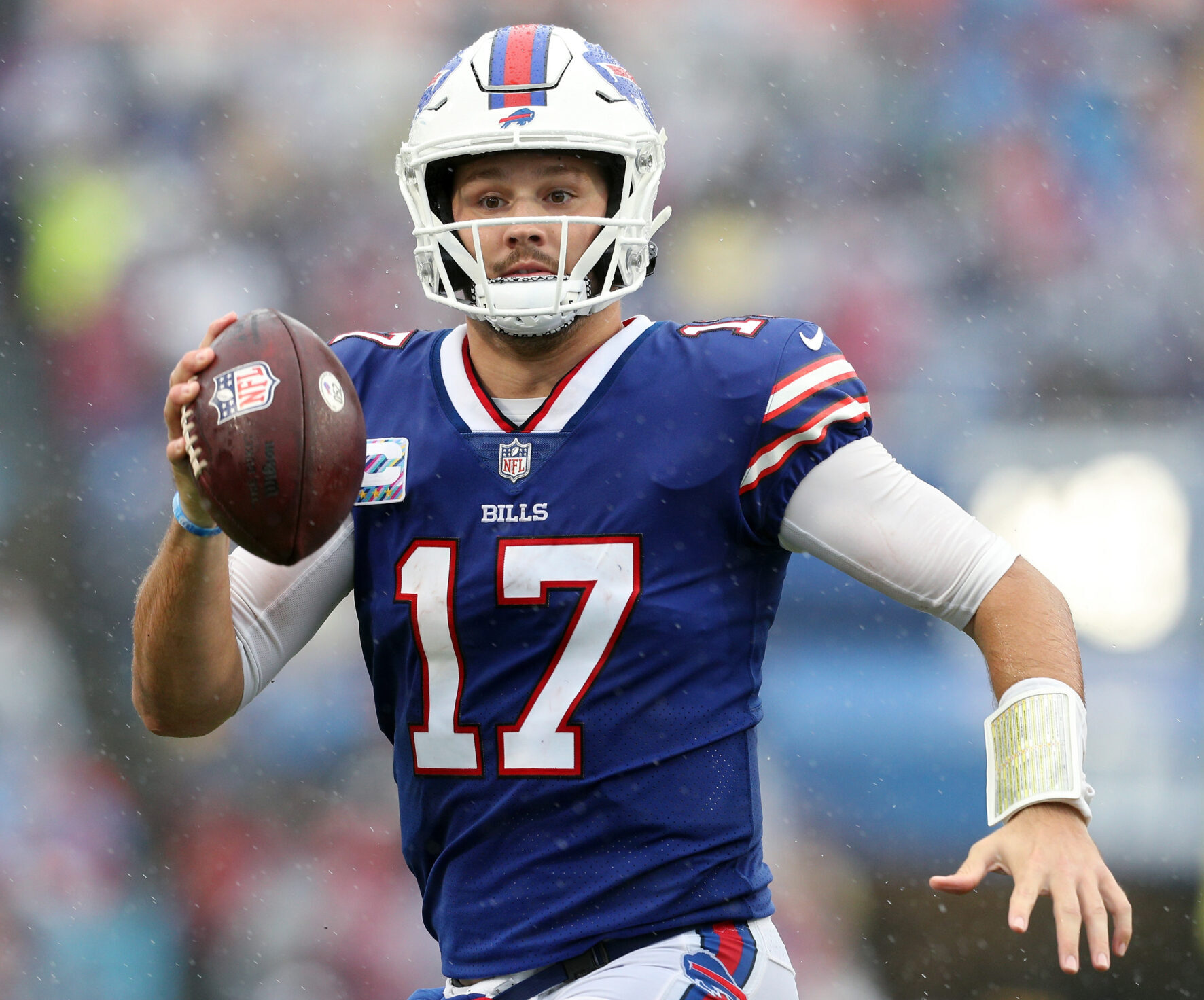 Quarterback Josh Allen of the Buffalo Bills looks to pass against the Houston Texans in the fourth quarter at Highmark Stadium on October 03, 2021 in Orchard Park, New York.