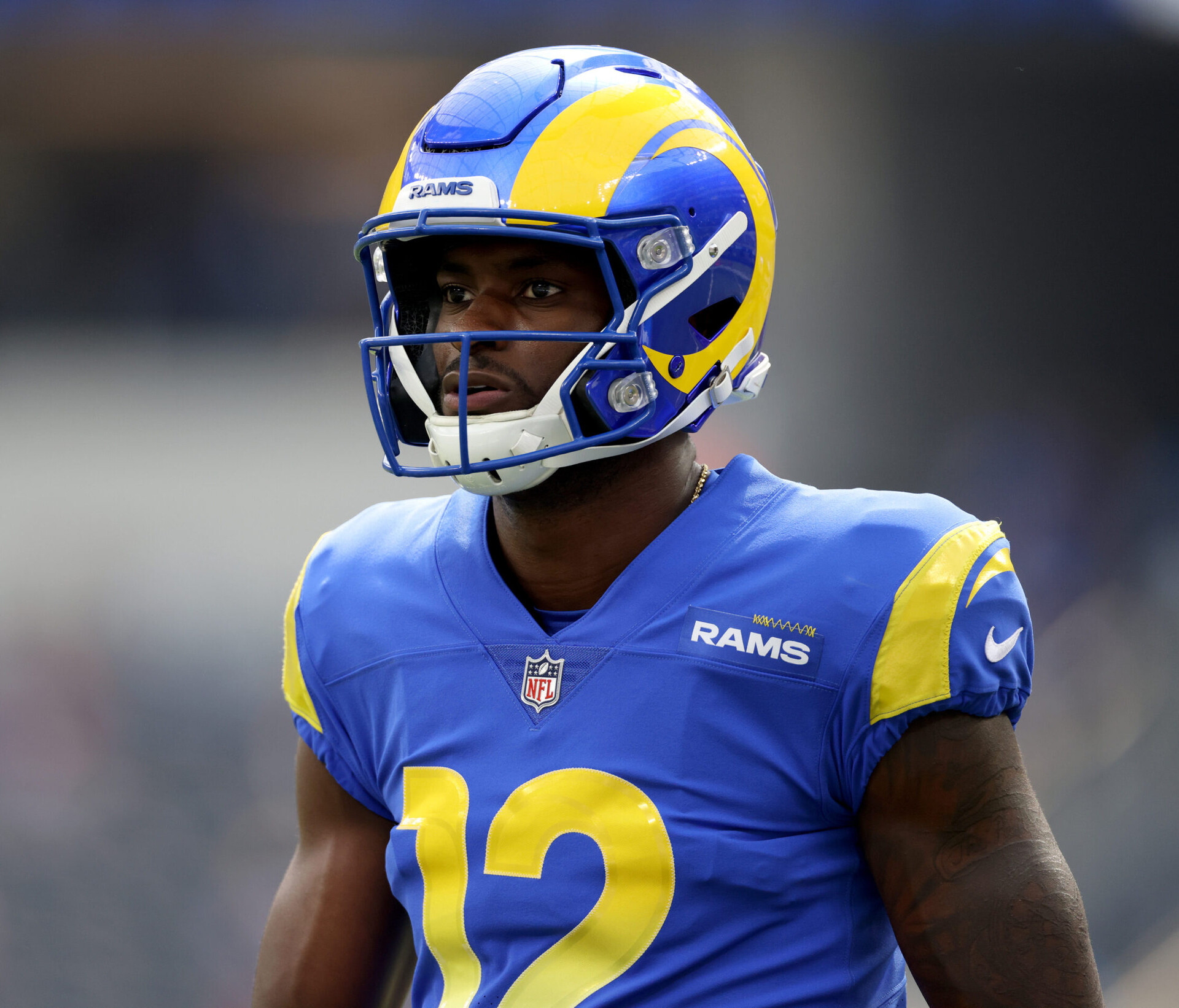 Van Jefferson #12 of the Los Angeles Rams during warm up before the game against the Arizona Cardinals at SoFi Stadium on October 03, 2021 in Inglewood, California.
