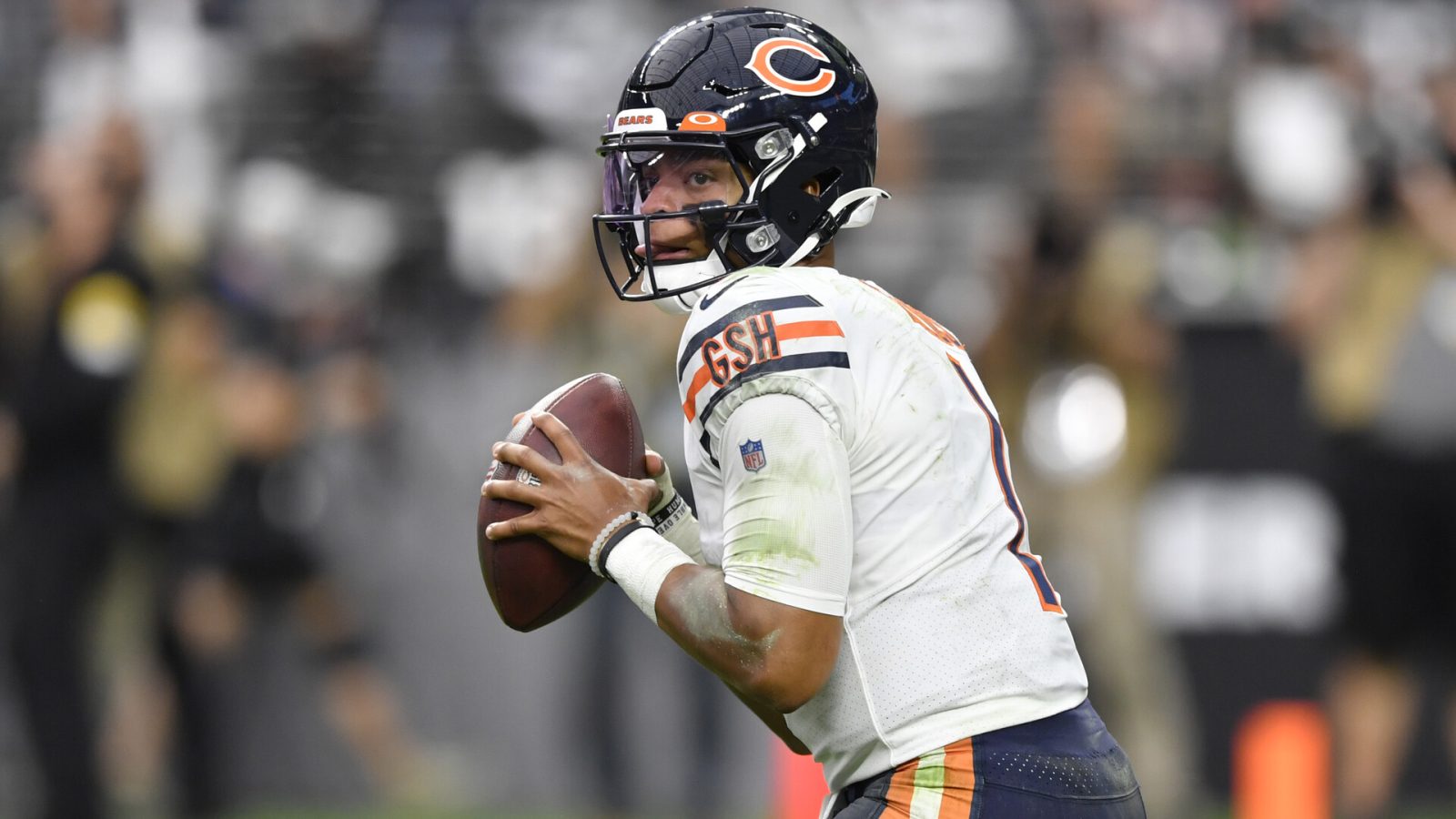 Quarterback Justin Fields #1 of the Chicago Bears looks to throw against the Las Vegas Raiders during the second half of a game at Allegiant Stadium on October 10, 2021 in Las Vegas, Nevada. The Bears defeated the Raiders 20-9.