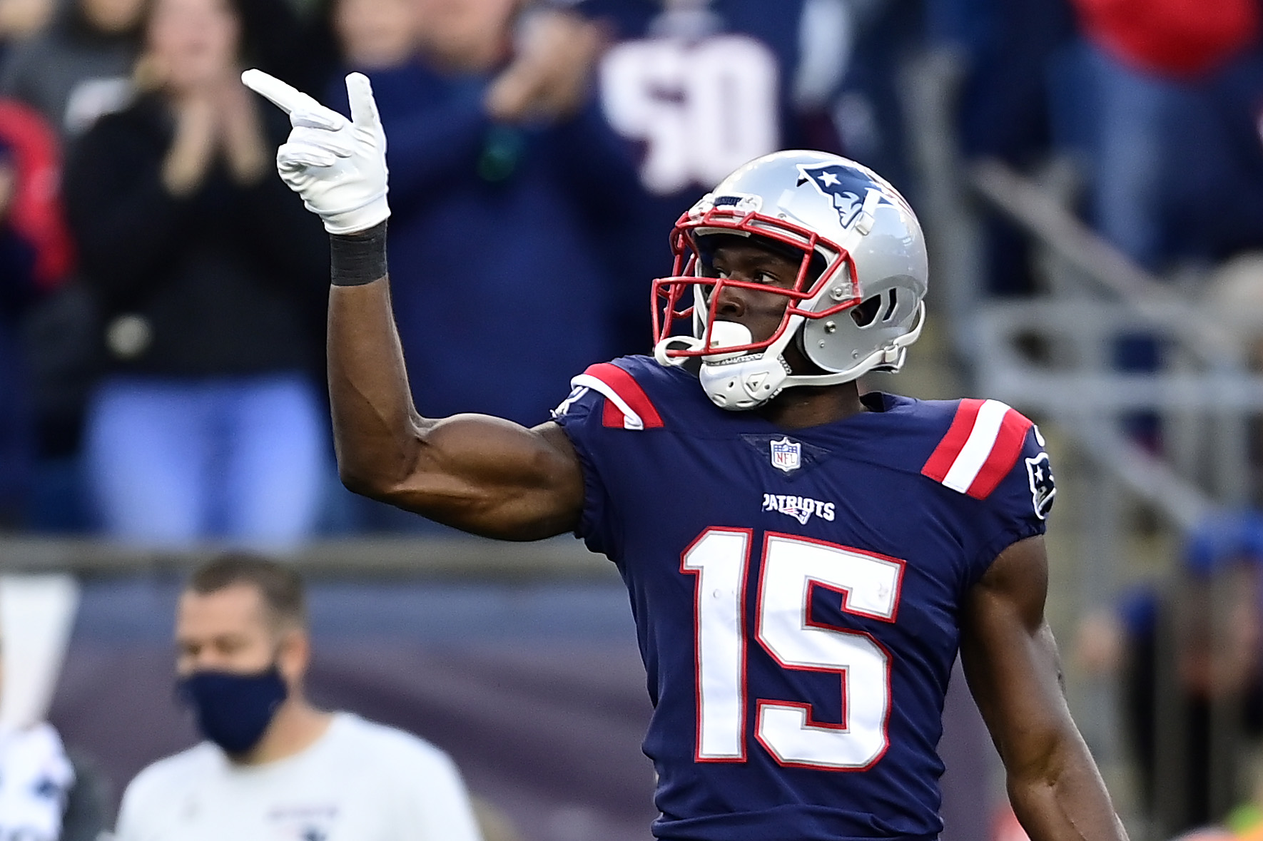 Nelson Agholor #15 of the New England Patriots reacts after a play in the first half against the Dallas Cowboys at Gillette Stadium on October 17, 2021 in Foxborough, Massachusetts.