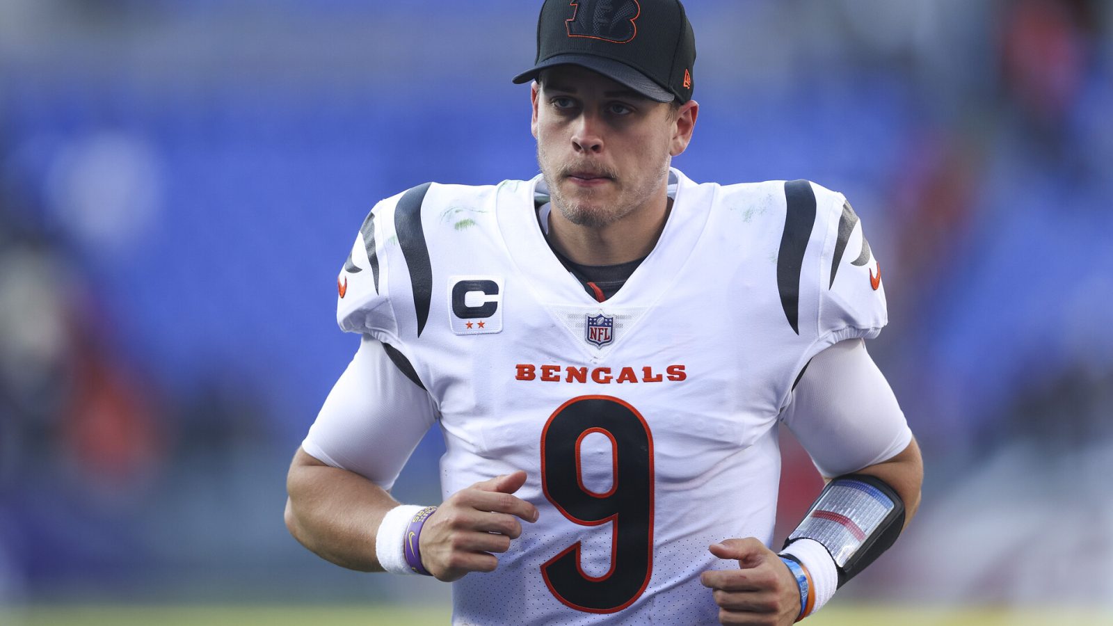Joe Burrow #9 of the Cincinnati Bengals reacts after a game against the Baltimore Ravens at M&T Bank Stadium on October 24, 2021 in Baltimore, Maryland.