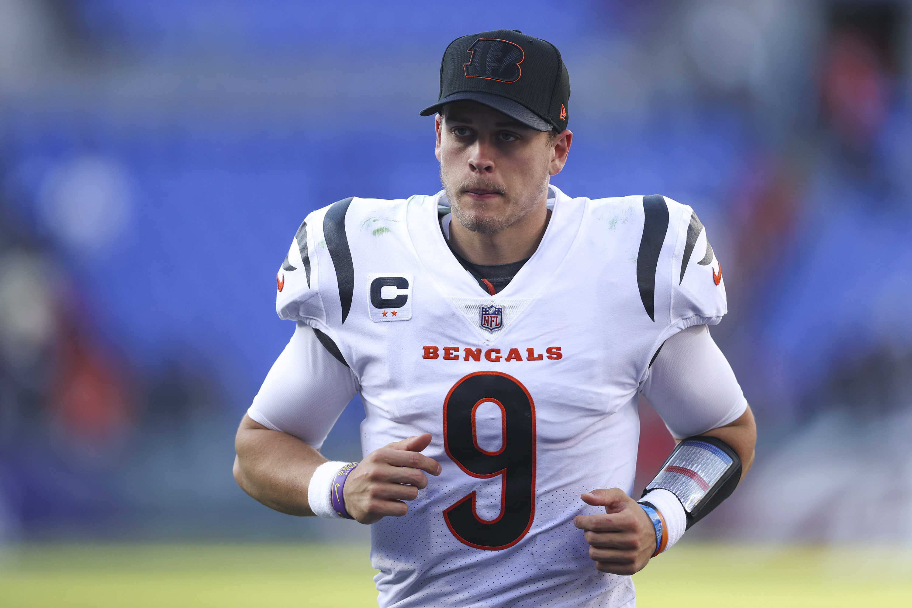 Joe Burrow #9 of the Cincinnati Bengals reacts after a game against the Baltimore Ravens at M&T Bank Stadium on October 24, 2021 in Baltimore, Maryland.