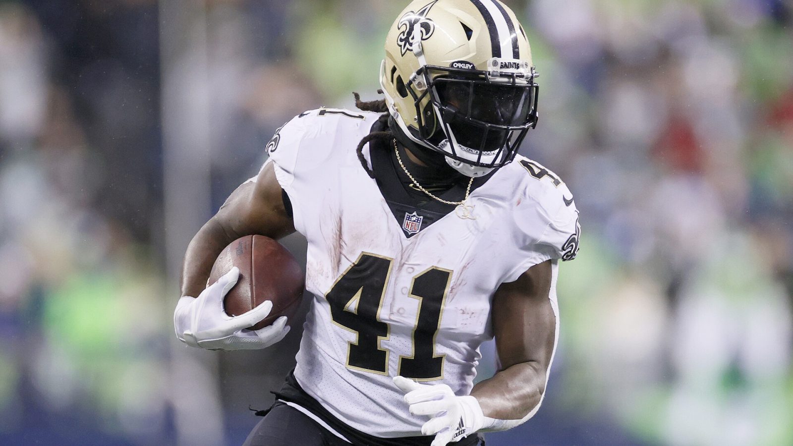 Alvin Kamara #41 of the New Orleans Saints carries the ball against the Seattle Seahawks during the second quarter at Lumen Field on October 25, 2021 in Seattle, Washington.