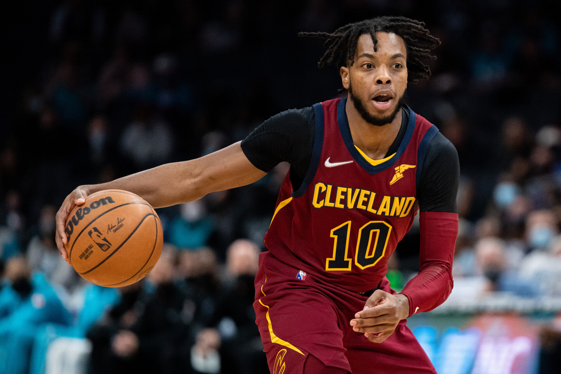 Darius Garland #10 of the Cleveland Cavaliers brings the ball up court against the Charlotte Hornets during the first quarter during their game at Spectrum Center on November 01, 2021 in Charlotte, North Carolina.