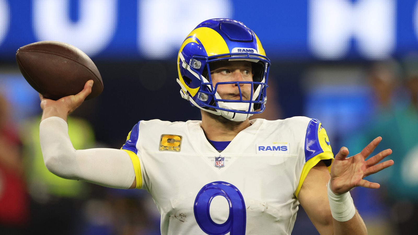 Matthew Stafford #9 of the Los Angeles Rams looks to pass against the Tennessee Titans during the second quarter at SoFi Stadium on November 07, 2021 in Inglewood, California.