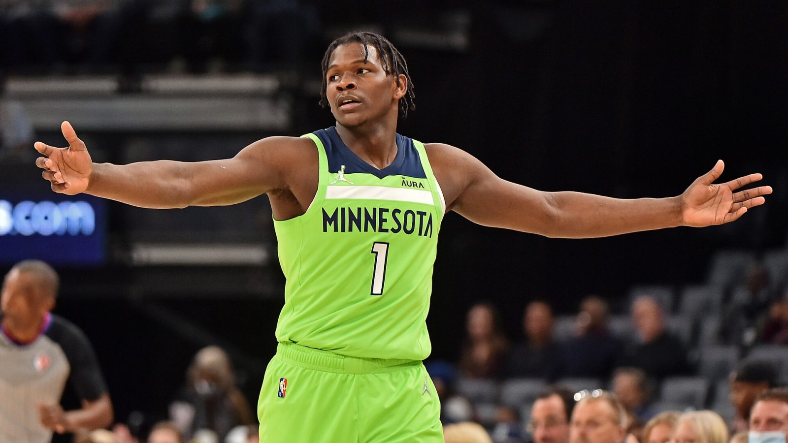 Anthony Edwards #1 of the Minnesota Timberwolves reacts during the game against the Memphis Grizzlies at FedExForum on November 08, 2021 in Memphis, Tennessee.
