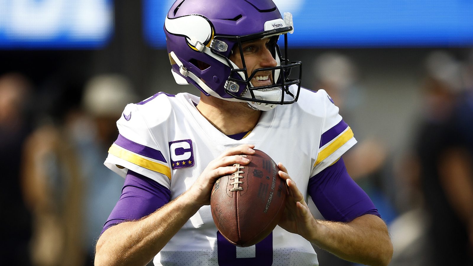 Kirk Cousins #8 of the Minnesota Vikings on the field during pregame warm-ups against the Los Angeles Chargers at SoFi Stadium on November 14, 2021 in Inglewood, California.