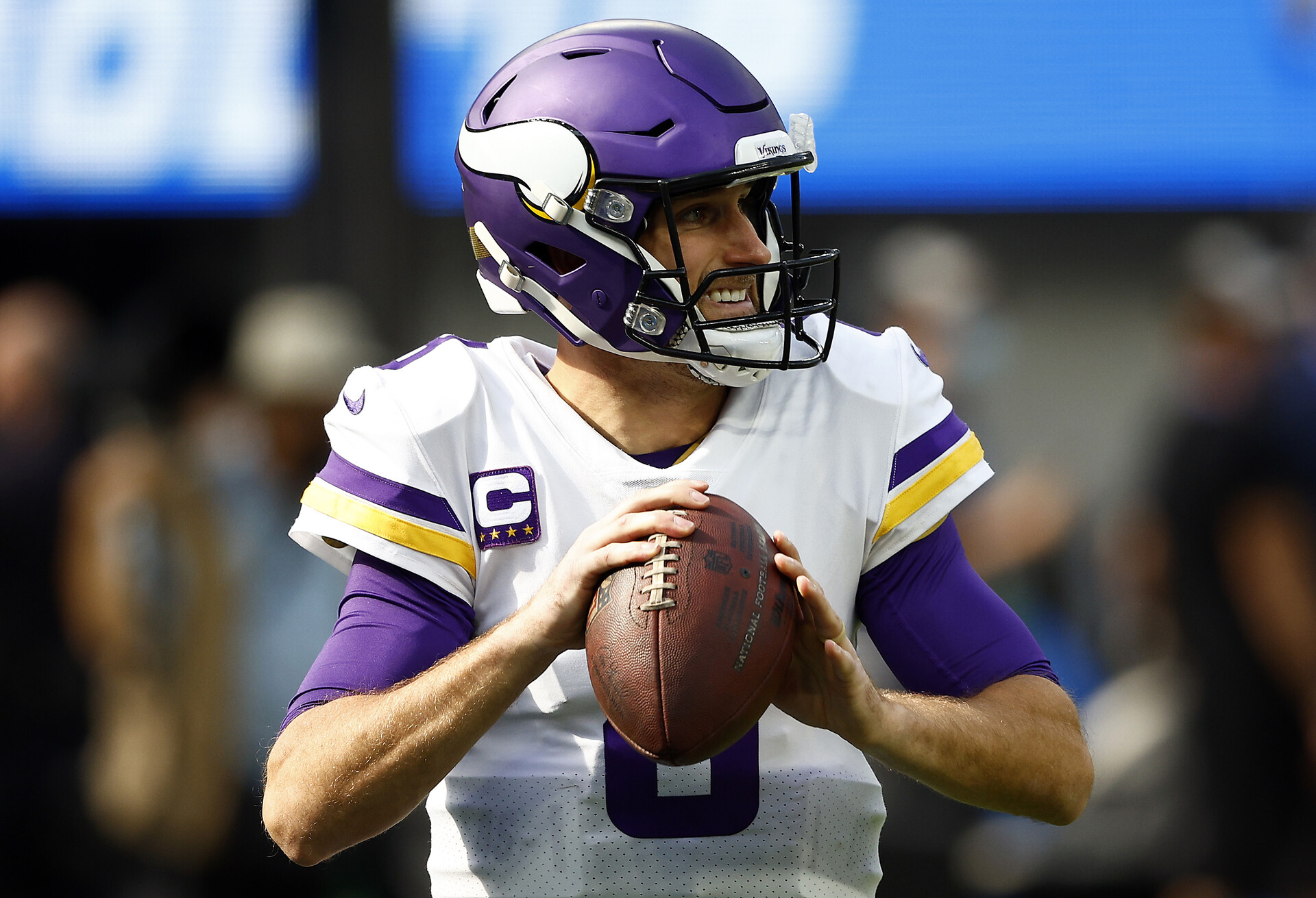 Kirk Cousins #8 of the Minnesota Vikings on the field during pregame warm-ups against the Los Angeles Chargers at SoFi Stadium on November 14, 2021 in Inglewood, California.