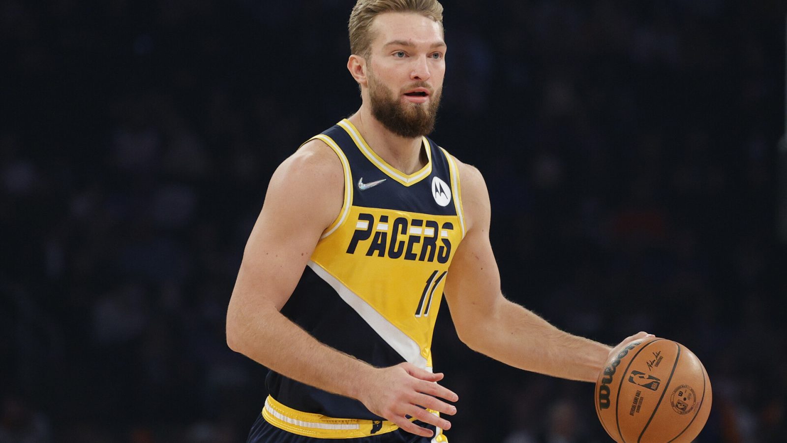 Domantas Sabonis #11 of the Indiana Pacers dribbles during the first half against the New York Knicks at Madison Square Garden on November 15, 2021 in New York City.
