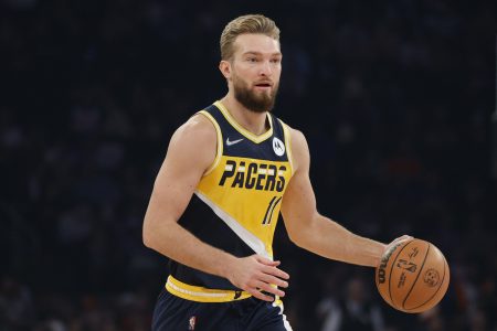 Domantas Sabonis #11 of the Indiana Pacers dribbles during the first half against the New York Knicks at Madison Square Garden on November 15, 2021 in New York City.