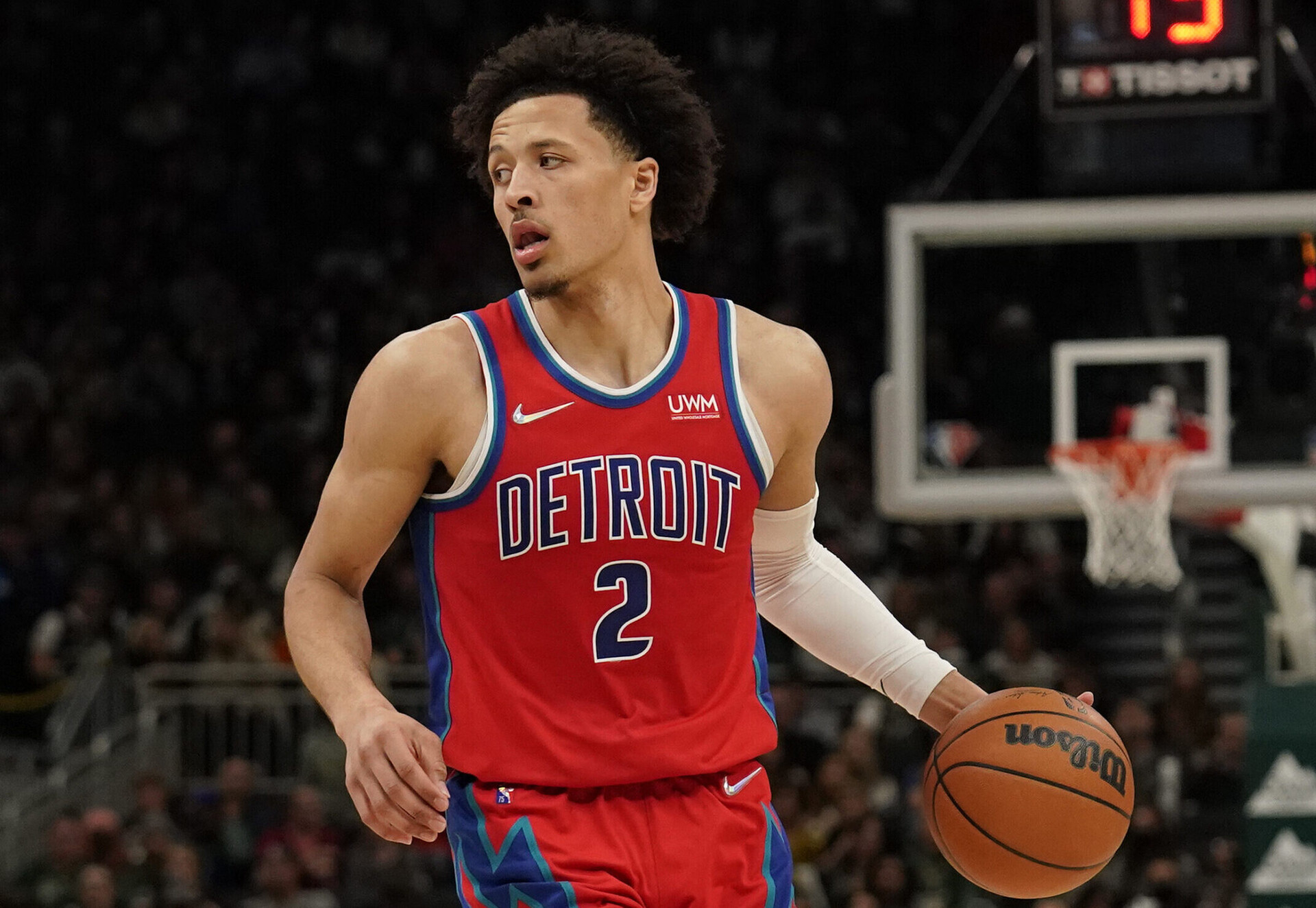 Cade Cunningham #2 of the Detroit Pistons dribbles the ball against the Milwaukee Bucks in the second half at Fiserv Forum on November 24, 2021 in Milwaukee, Wisconsin. NOTE TO USER: User expressly acknowledges and agrees that, by downloading and or using this photograph, user is consenting to the terms and conditions of the Getty Images License Agreement.