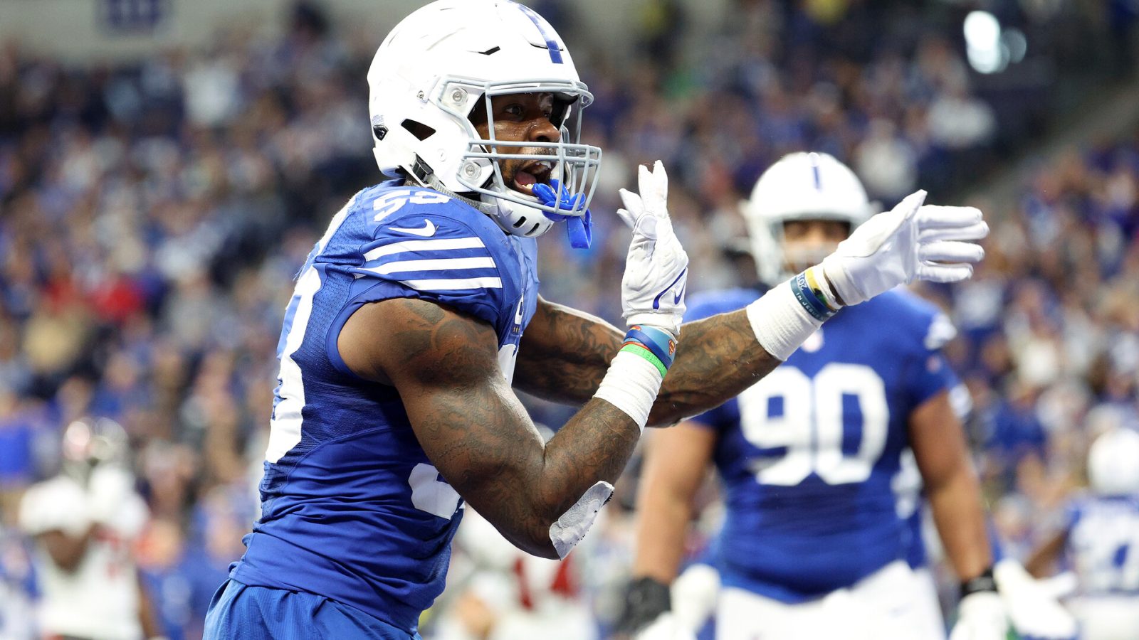 Darius Leonard #53 of the Indianapolis Colts reacts during the second half of the game against the Tampa Bay Buccaneers at Lucas Oil Stadium on November 28, 2021 in Indianapolis, Indiana.