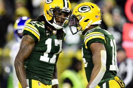 Randall Cobb #18 of the Green Bay Packers celebrates his touchdown catch with Davante Adams #17 during the second quarter against the Los Angeles Rams at Lambeau Field on November 28, 2021 in Green Bay, Wisconsin.