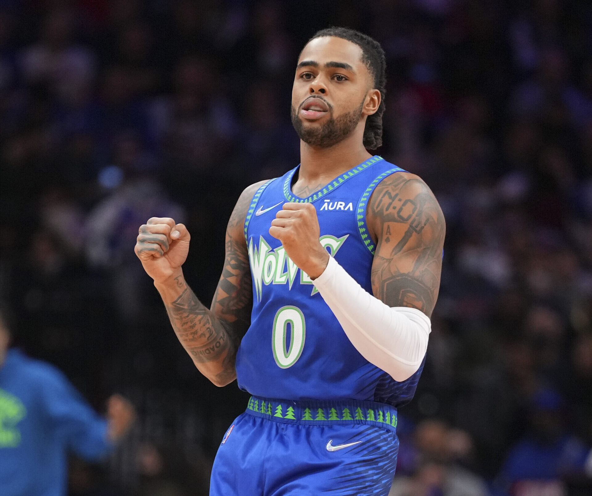 D'Angelo Russell #0 of the Minnesota Timberwolves reacts against the Philadelphia 76ers at the Wells Fargo Center on November 27, 2021 in Philadelphia, Pennsylvania. The Timberwolves defeated the 76ers 121-120 in double overtime.