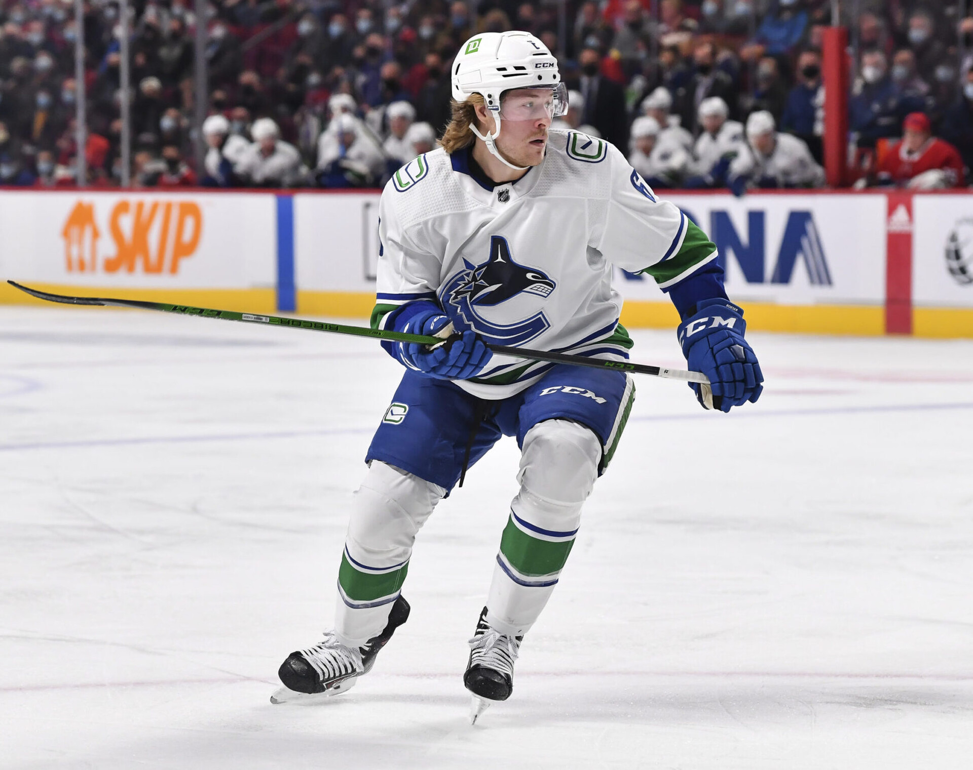 Brock Boeser #6 of the Vancouver Canucks skates against the Montreal Canadiens during the first period at Centre Bell on November 29, 2021 in Montreal, Canada. The Vancouver Canucks defeated the Montreal Canadiens 2-1.