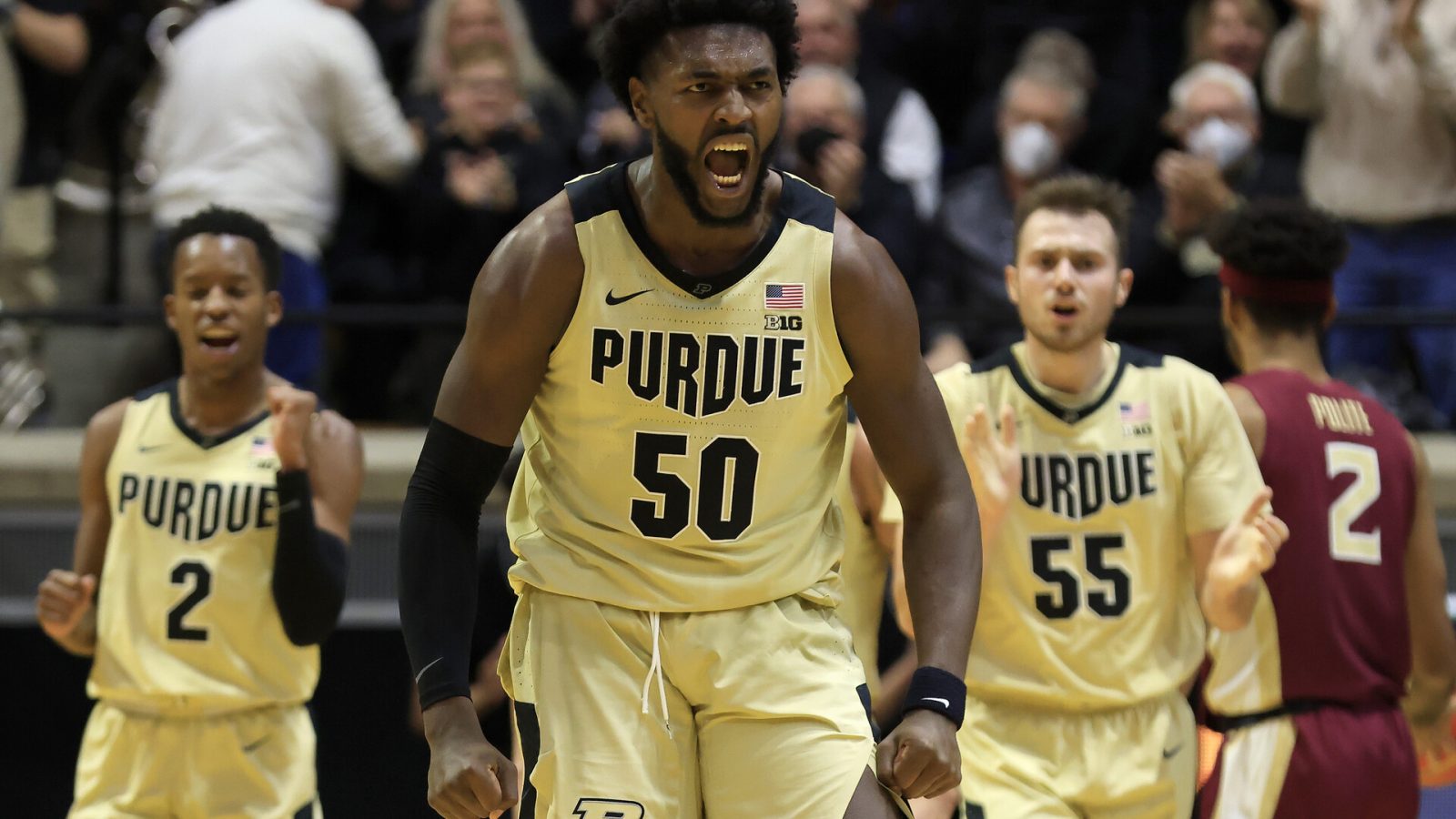 Trevion Williams #50 of the Purdue Boilermakers reacts after a play during the second half in the game against the Florida State Seminoles at Mackey Arena on November 30, 2021 in West Lafayette, Indiana.